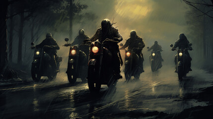 grupo de motociclistas andando de bicicleta esportiva juntos - obrazy, fototapety, plakaty