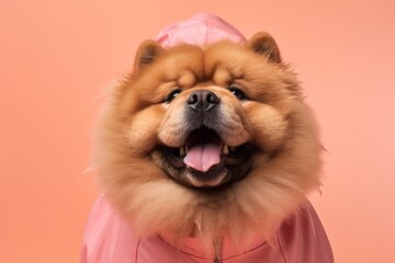 Medium shot portrait photography of a happy chow chow dog wearing a raincoat against a peachy pink background. With generative AI technology