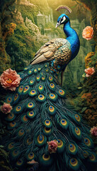 Peacock on a Branch with Fanned Tail Feathers,peacock with feathers