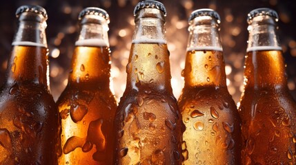 A group of beer bottles sitting next to each other - obrazy, fototapety, plakaty