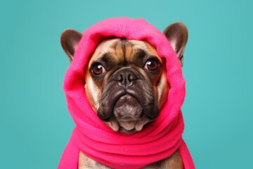 Close-up portrait photography of a funny french bulldog wearing a cooling bandana against a hot pink background. With generative AI technology