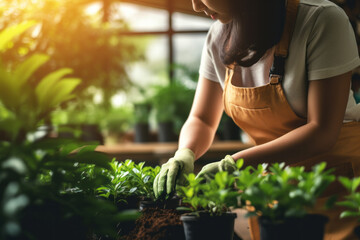 Naklejka na ściany i meble Woman doing gardening work with organic green plant