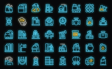 Gas production icons set outline vector. Tank rig. Station flame neon color on black