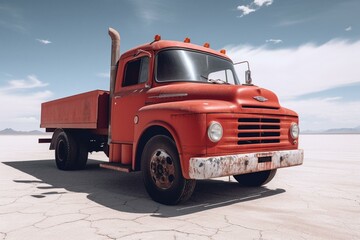 A large red truck parked on a plain white surface. Generative AI