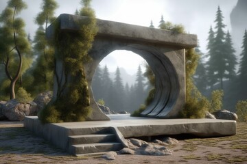A concrete forest platform with a portal. A 3D animated scene. Generative AI