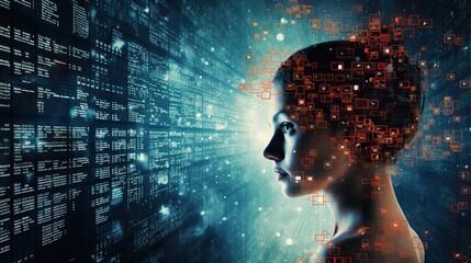 A woman in the world of digital information. The integration of the human species with the realm of the internet, artificial intelligence, and the virtual world