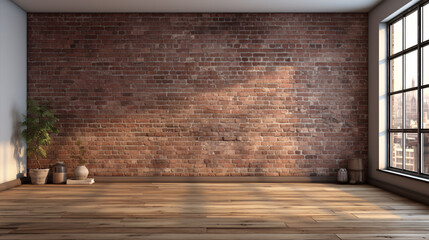 A loft-style empty room featuring a spacious window, with wooden flooring and a contemporary brick wall design