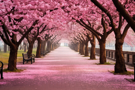 pink sakura trees in park on background