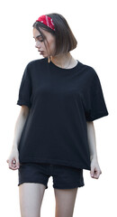 Woman wearing black blank t-shirt with space for your logo, mock up or design