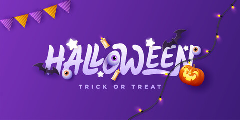 Spooky Halloween with flat holiday icons on purple background. Pumpkin with a scary expression and other scary elements.Vector illustration.