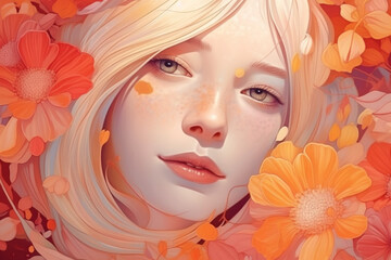 woman face pastel colourful beauty trend portrait girl flower fashionable tender. Generative AI.