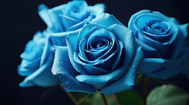 Beautiful blue rose with water drops on petals close-up. Mother's day concept with a space for a text. Valentine day concept with a copy space.
