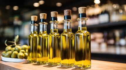 Olive oil bottles in a supermarket showcase with blurred background
