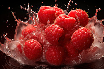 Ripe juicy tasty raspberries with juice splash on black background