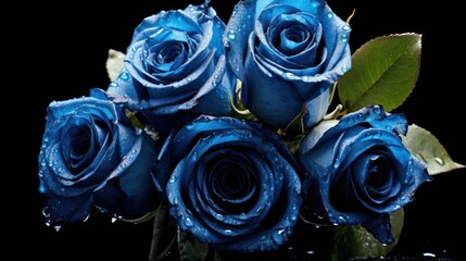 Blue roses with water drops on a black background, close-up. Mother's day concept with a space for...