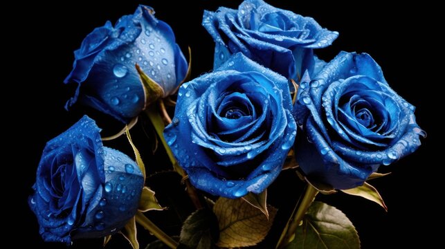 Blue roses with water drops on a black background, close-up. Mother's day concept with a space for a text. Valentine day concept with a copy space.