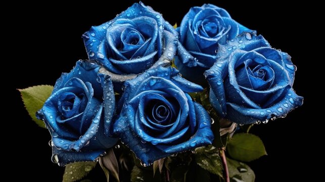 Blue roses with water drops on a black background, close-up. Mother's day concept with a space for a text. Valentine day concept with a copy space.