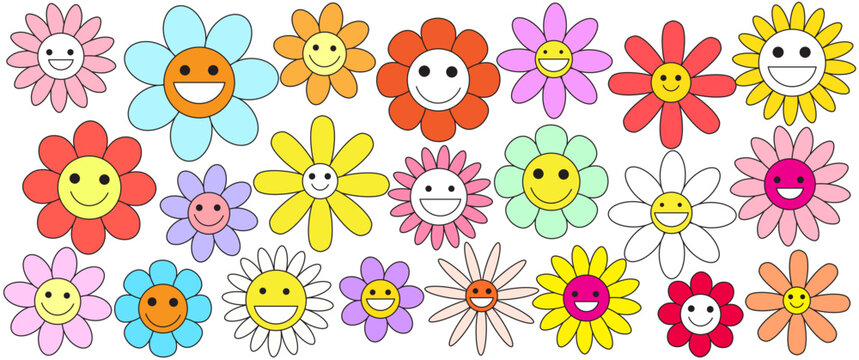 Daisy flowers with cartoon funny smiling faces, Cute camomile happy emotion. Kids logo design with daisies vector set. Illustration of smile floral flower, bloom camomile. Hippie 60s, 70s style.