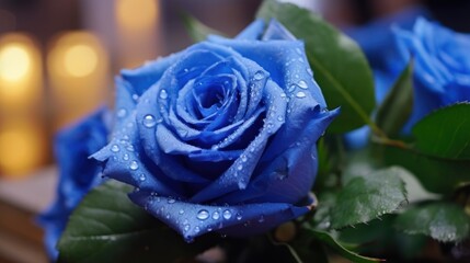 Beautiful blue rose with water drops on it, close-up. Mother's day concept with a space for a text. Valentine day concept with a copy space.