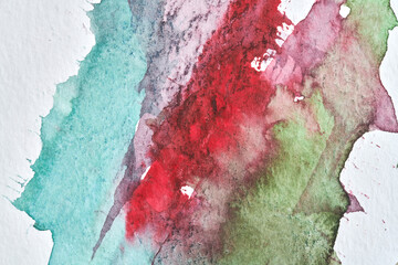 Abstract green red background. Watercolor ink art collage. Stains, blots and brush strokes of acrylic paint.