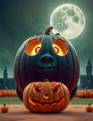  AI-generated clipart of Halloween pumpkin with a spooky full moon background