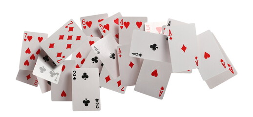 Playing cards for poker and gambling in flying, isolated on white, clipping path