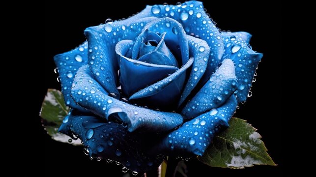 Blue rose with water drops on black background, closeup. Valentine's Day. Mother's day concept with a space for a text. Valentine day concept with a copy space.