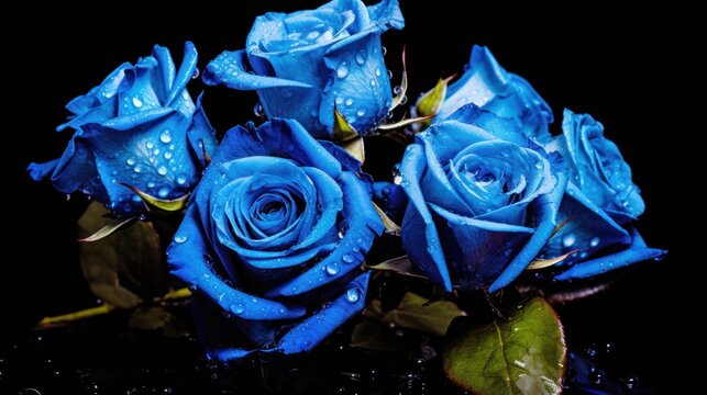 Beautiful blue roses with drops of water on the petals. Mother's day concept with a space for a text. Valentine day concept with a copy space.