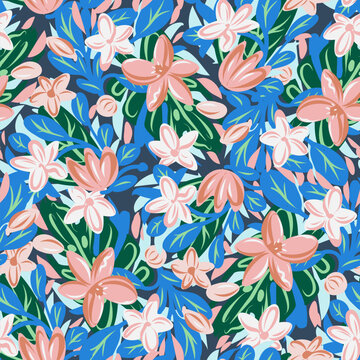 Seamless pattern with bright tropical flowers. Vector illustration