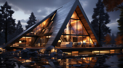 Modern contemporary architecture in triangle shape design. Building exterior. 3D Style.