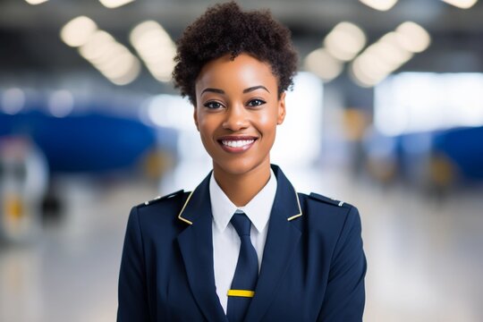 Smiling African American female flight attendant in uniform in an airport background, professional airline company wallpaper, Horizontal format 3:2 - Powered by Adobe