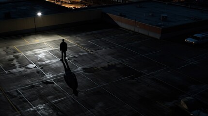 Model atop a desolate parking structure, cityscape afar, signifying isolation in urban chaos