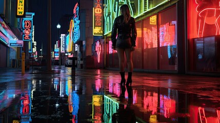 Model on a rain-soaked street, reflections of neon signs suggesting a world of vice - obrazy, fototapety, plakaty
