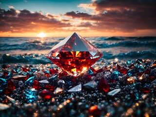 Fototapeta na wymiar Sands of Riches: Red Diamond at Sunset. Generative ai