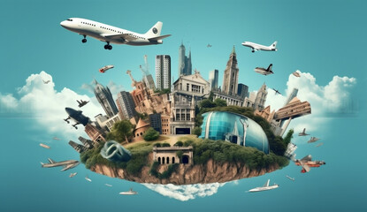 Naklejka premium map travel illustration city europa concept globe global earth plane. Generative AI.