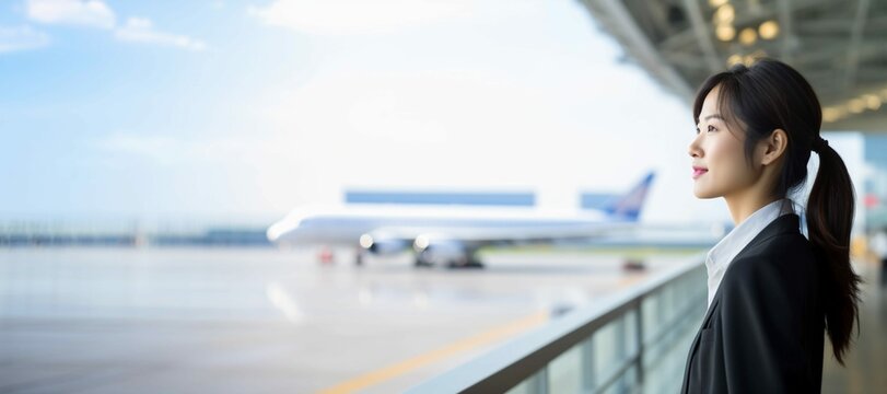 Young Asian female pilot in uniform gazing at airplanes in an airport background isolated on the right side, professional flying company wallpaper, Horizontal format 9:4
