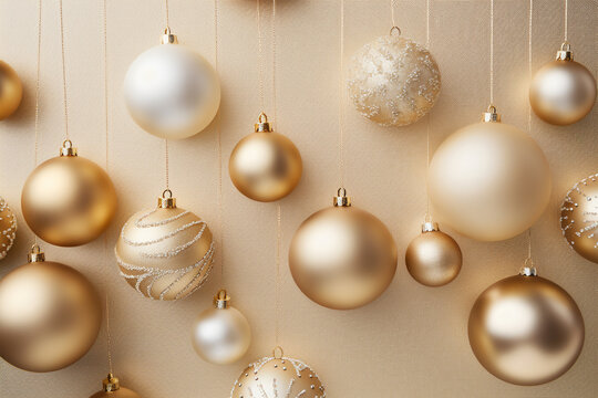 gold shiny Christmas ornaments on a golden metallic background