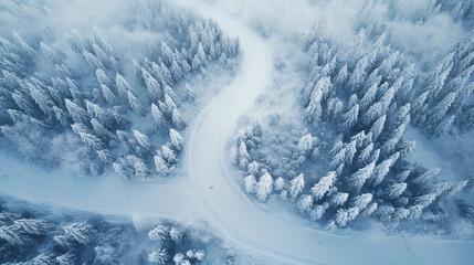 Looking down from above, we see a meandering road amidst a snow-covered forest, its path following the curves of nature..