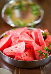 Close Up Of Sliced Watermelon In The Plate. Food Background. Macro Photography