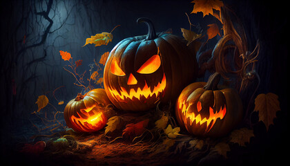 Halloween jack o lantern with pumpkins wallpaper nightscary decoration, Ai generated image