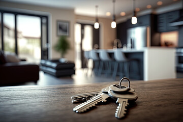 Mortgage concept. Keys on background new modern apartment or hotel room. Investment, rent, real estate, buying own property - obrazy, fototapety, plakaty