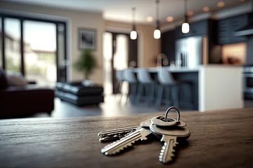 Foto op Plexiglas Mortgage concept. Keys on background new modern apartment or hotel room. Investment, rent, real estate, buying own property © Elena