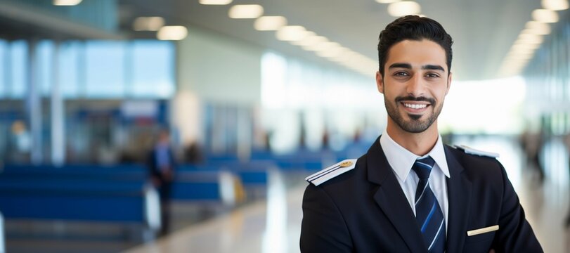 Confident smiling Arab muslim male pilot in uniform in an airport background, professional flying company wallpaper, Horizontal format 9:4