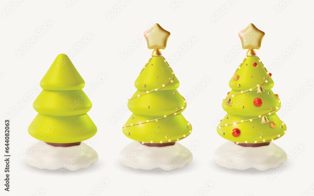 Poster 3d Merry Christmas and Happy New Year Concept Green Xmas Tree with Golden Star and Glass Ball Set Cartoon Style. Vector illustration