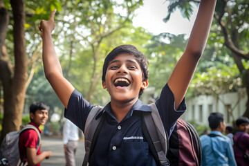 Expressive teenager boy in school, being happy and proud, teen emotions or teen moods concept. Generative AI