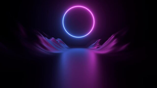 80s synthwave styled landscape with neon gradation mountains and circle over horizon. Fly Through Retrofuturist and seamless background, loop motion