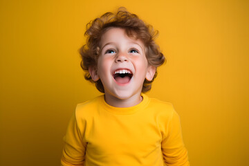 Studio portrait of a little boy being proud and happy, isolated on colorful background. Kids emotions or moods concept. Generative AI