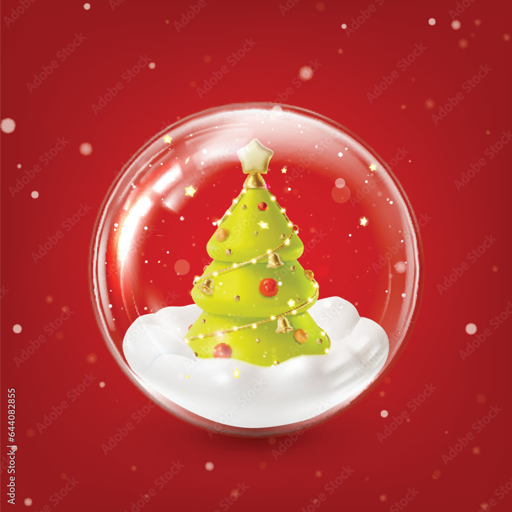 Poster 3d Merry Christmas and Happy New Year Concept Decoration Glass Ball Transparent inside Snow and Xmas Tree Cartoon Style. Vector illustration