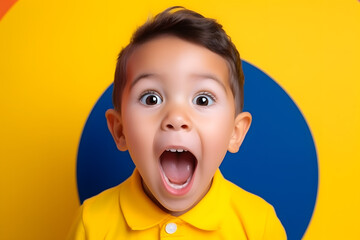 Studio portrait of a little boy being surprised, isolated on colorful background. Kids emotions or moods concept. Generative AI