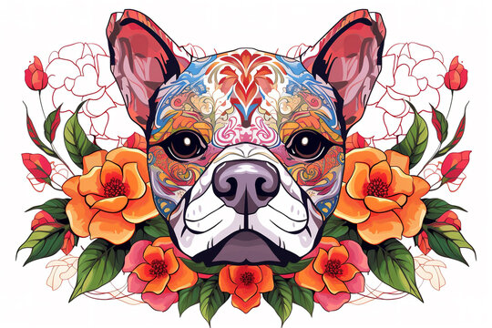 Image of pattern design using bulldog head and flowers and leaves. Pet. Animals. Illustration, Generative AI.